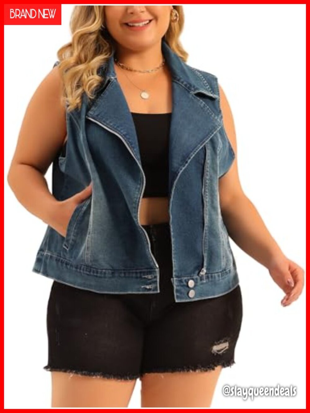 Plus Size Denim Vest Sleeveless Zip-Up Motorcycle Jean Vest Summer Layer